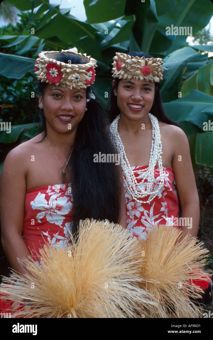 Hawaii,Hawaiian Islands,Oahu Polynesian Cultural Center Tahitian women,females,in regalia traditional crafts buildings entertainment HI010,tourism,tri Stock Photo
