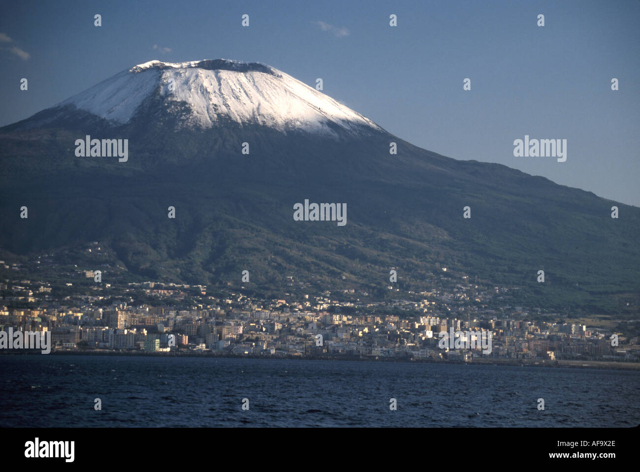 Italy,Italian,Western Southern South Europe,European,Europa,European Union,EU,E.U.,Latin,Tyrrhenian Sea,water,Naples,Mt. Vesuvius,snow capped,volcano, Stock Photo