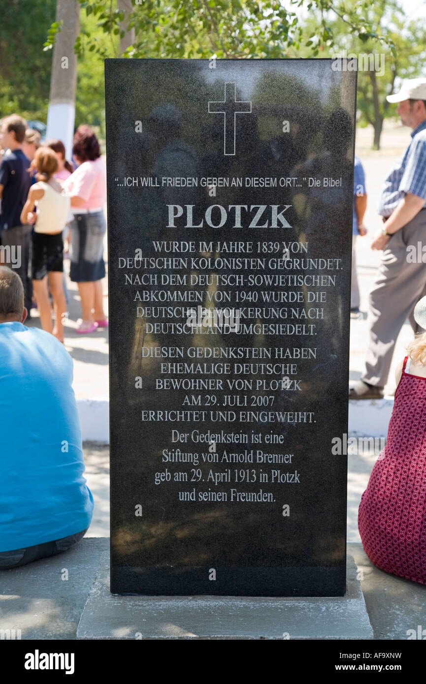 The memorial stone recalling the foundation of the village of Plotzk / Ukraine by German colonists in the year 1839 Stock Photo