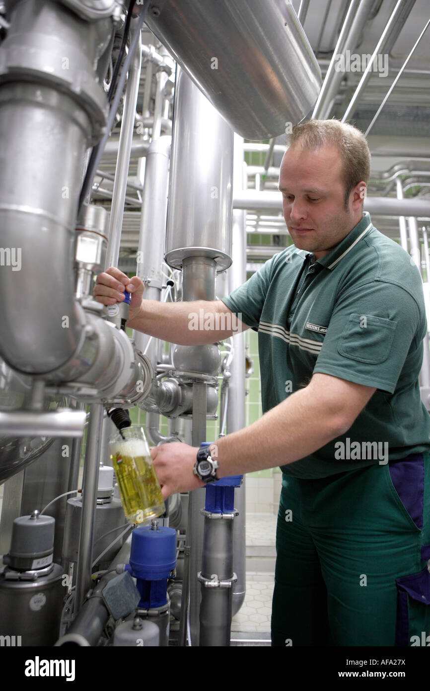 Brauerei C A Veltins GmbH und Co The brewer and maltster Mike Brill in the filter cellar in the brewhouse Stock Photo