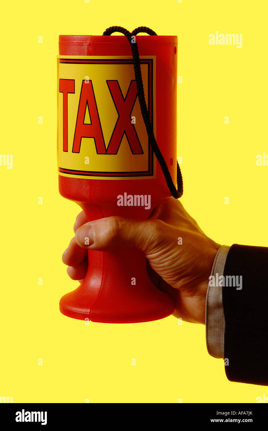 Hand holding Tax collecting tin Stock Photo
