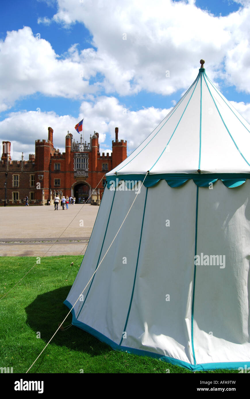 Medieval style tent pitched by Main Gate, Hampton Court Palace,Hampton,  Greater London, England, United Kingdom Stock Photo