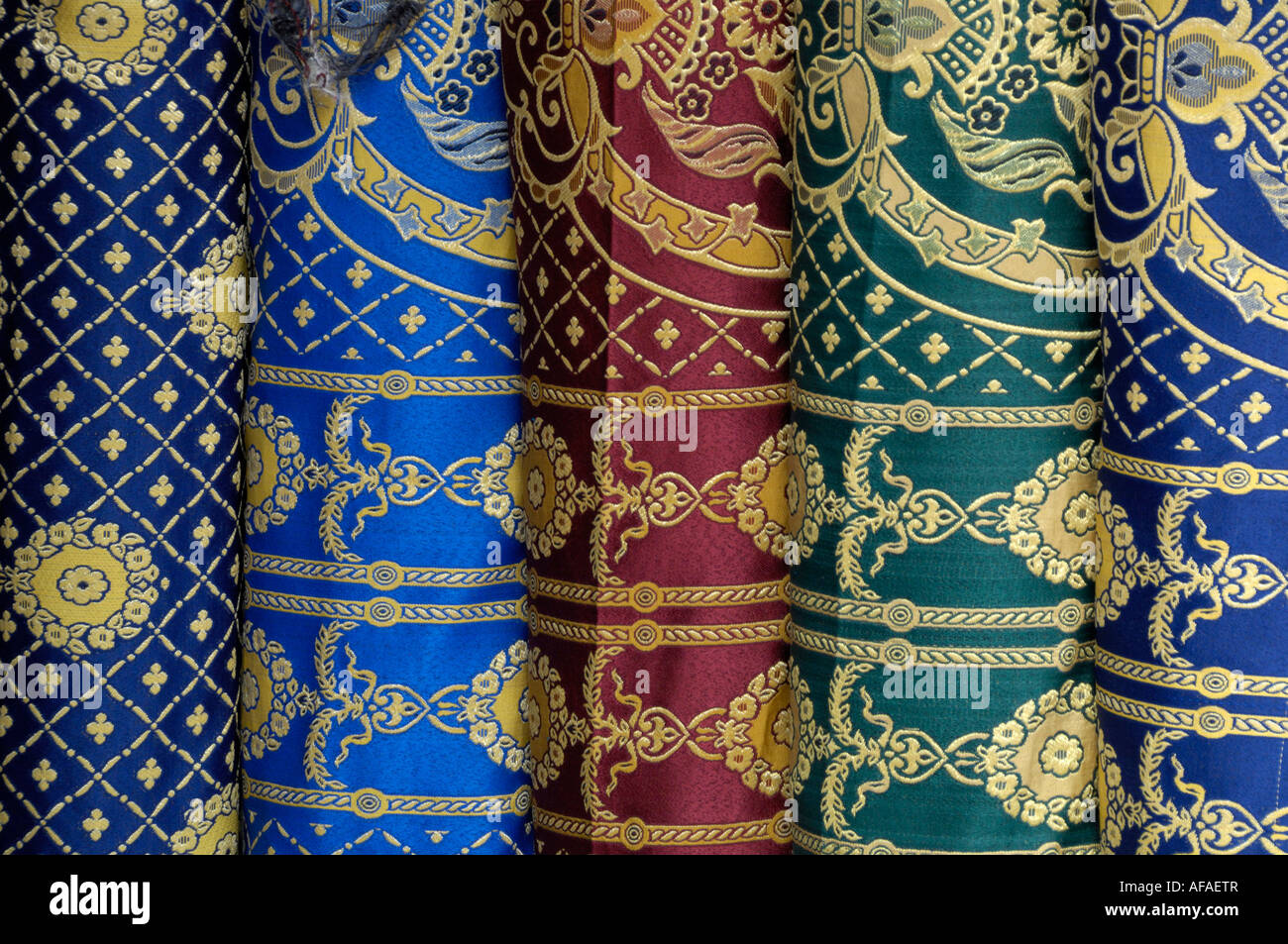 Islamic textile fabrics for sale Essaouira Morocco North Africa Stock Photo