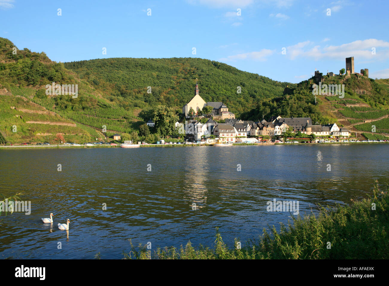 the ruins of Metternich Castle towering over the small town Beilstein in the River Moselle Valley in Germany Stock Photo