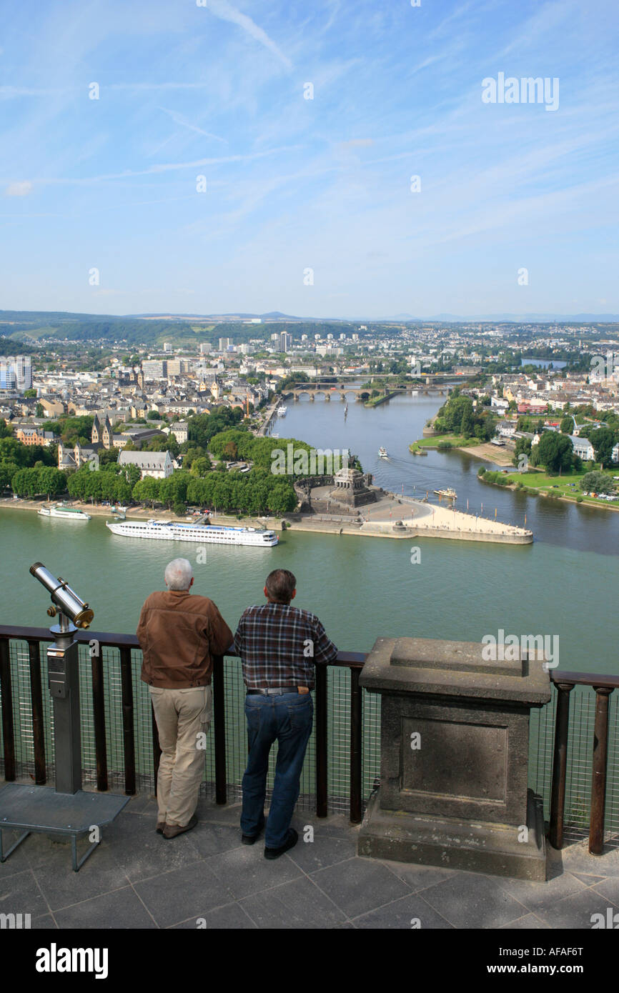 German Corner (Deutsches Eck) in Koblenz in Germany seen from Ehrenbreitstein Fortress Stock Photo