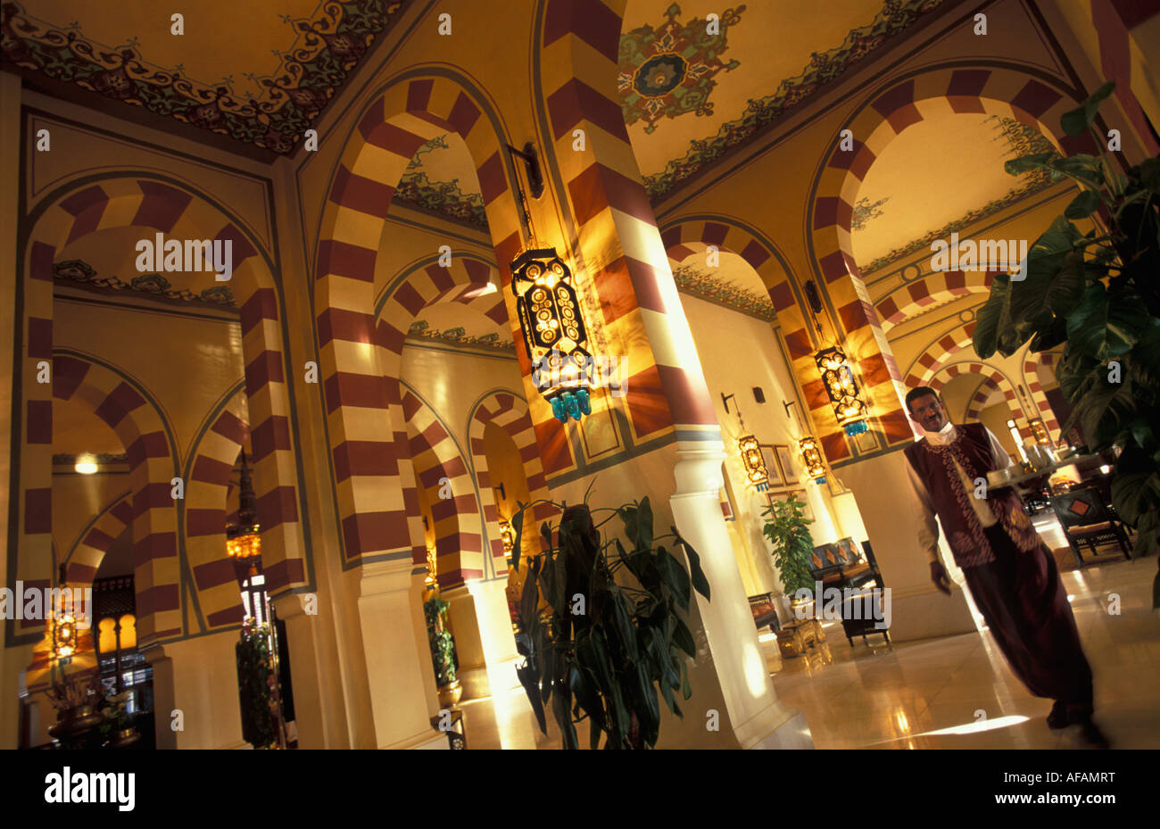 Egypt Aswan Dining room in Moorish style at Cataract hotel Stock Photo