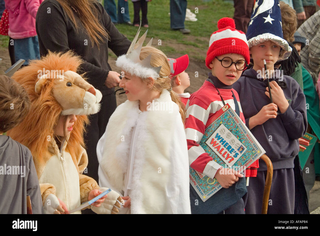 Primary school chidren in fancy dress for a book parade where the children dress as their favourite characters from books Stock Photo