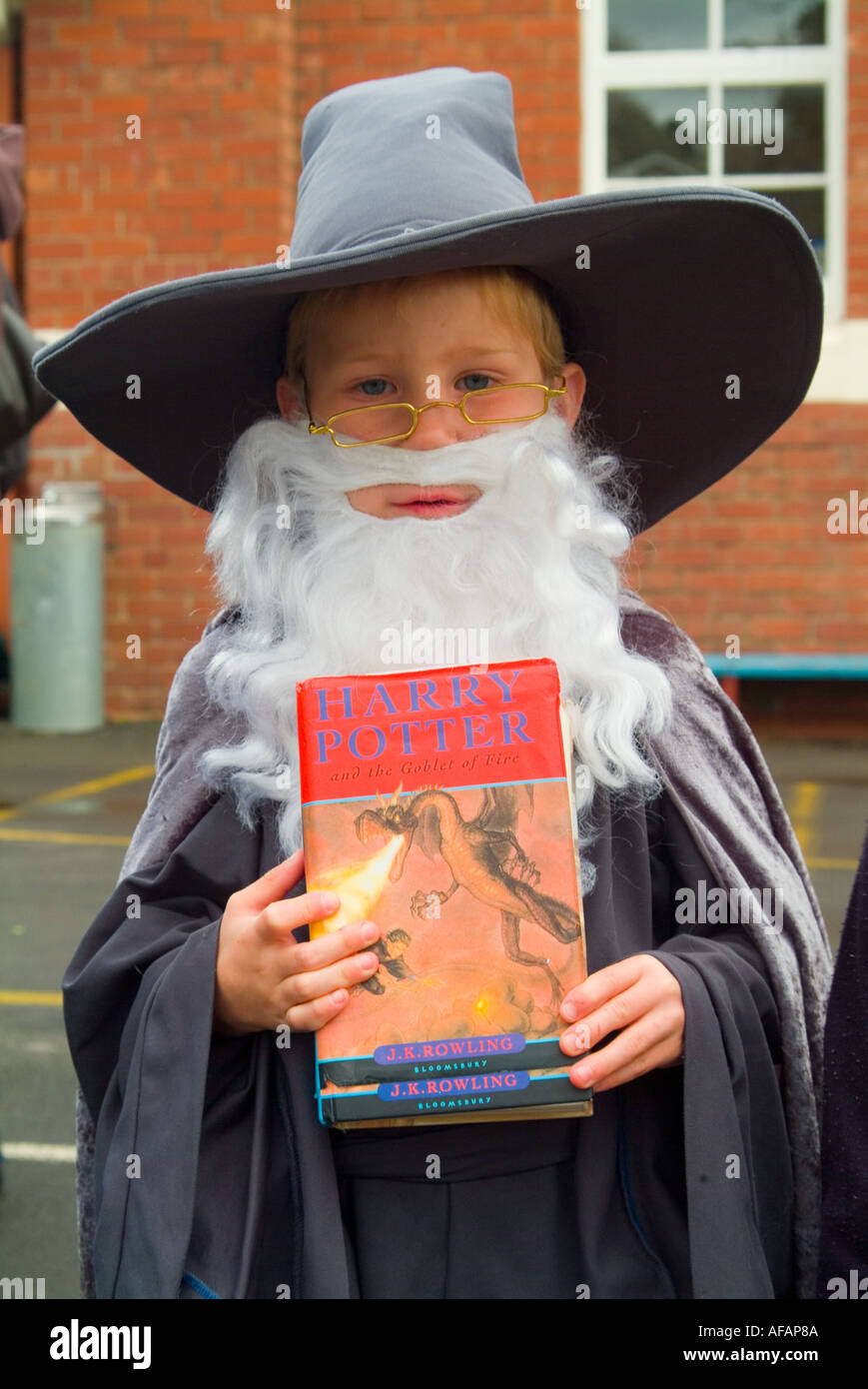 Child dressed as Professor Dumbeldore from Harry Potter for a primary school Book Week parade Stock Photo