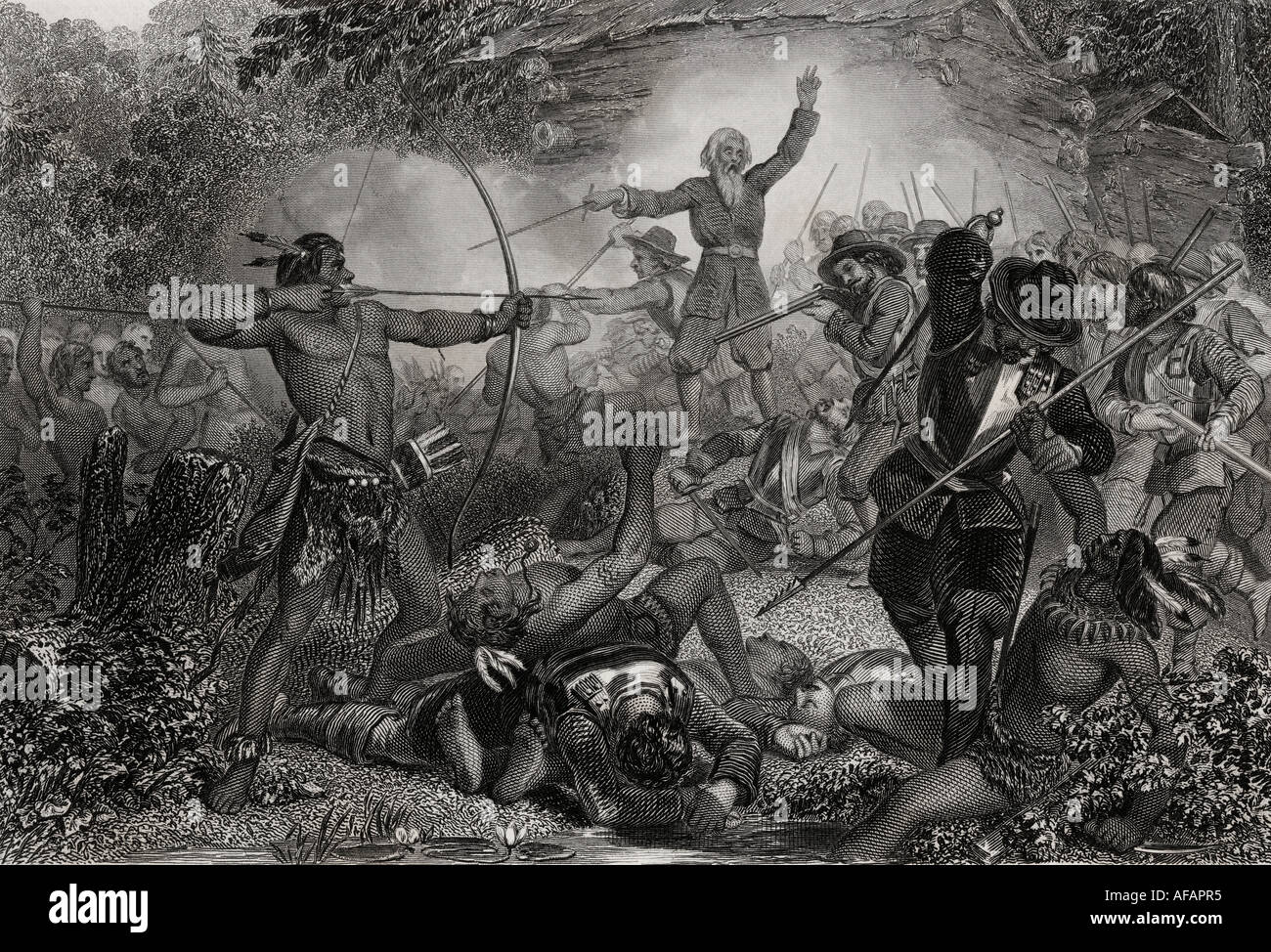 General Goffe repulsing the Indians at Hadley, Massachusetts, USA, 1675. Stock Photo