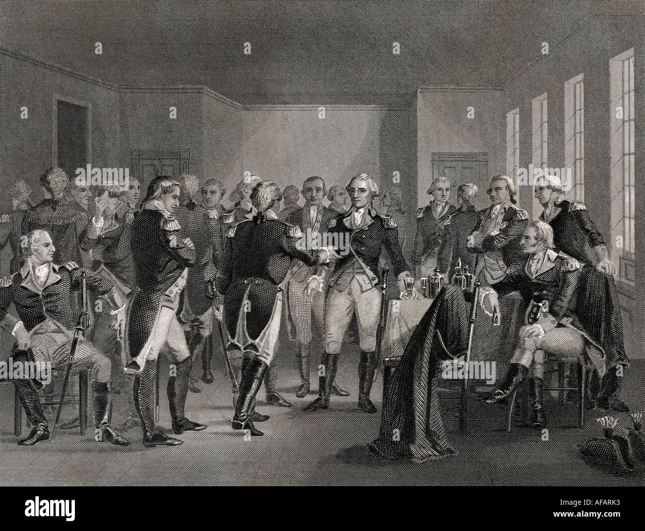 Washington parting from his officers at Fraunces Tavern, New York City, USA, on December 4th, 1783. Stock Photo