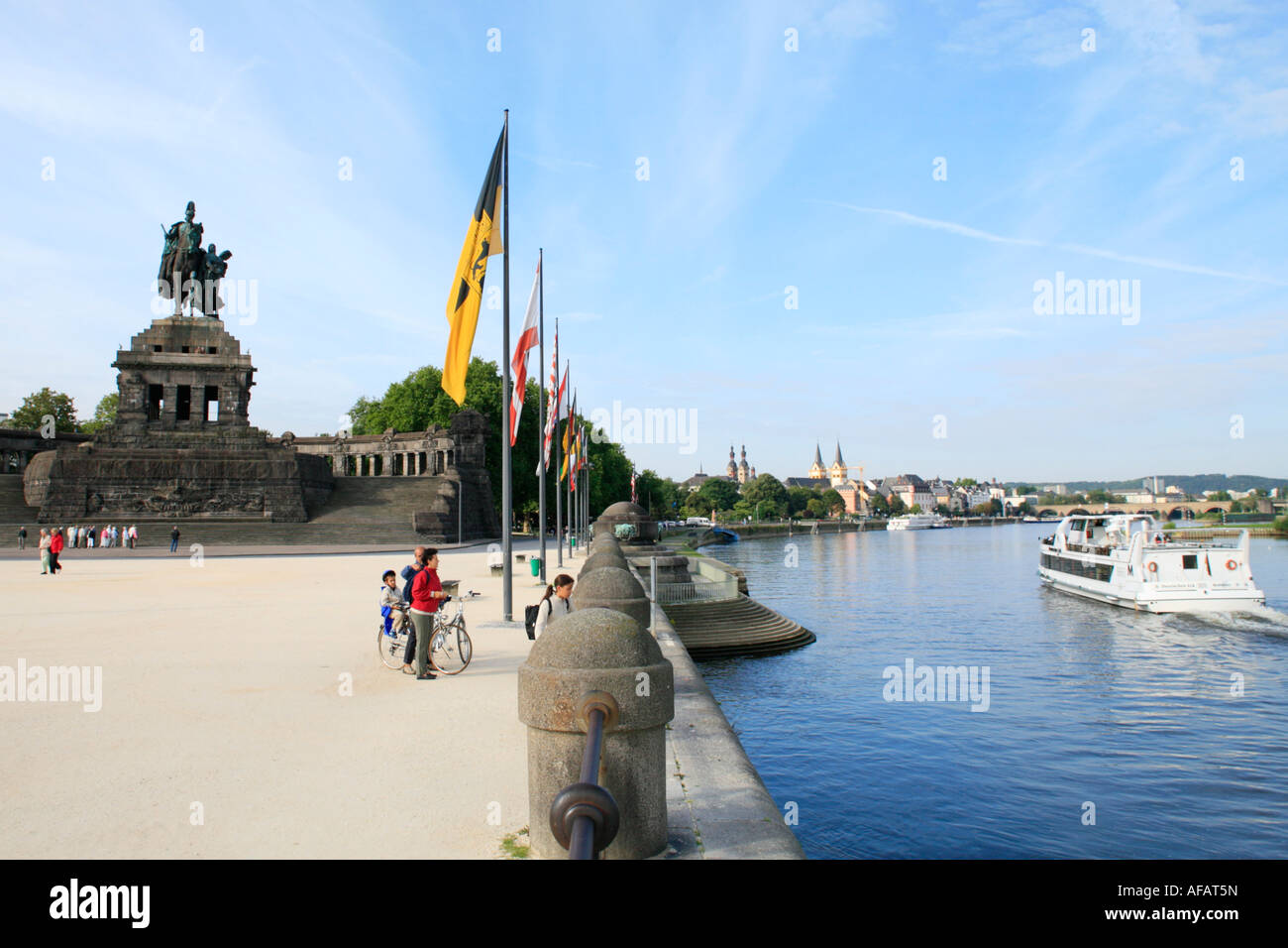 German Corner (Deutsches Eck) with the Equestrian statue of Kaiser Wilhelm I and River Moselle in Koblenz in Germany. Stock Photo