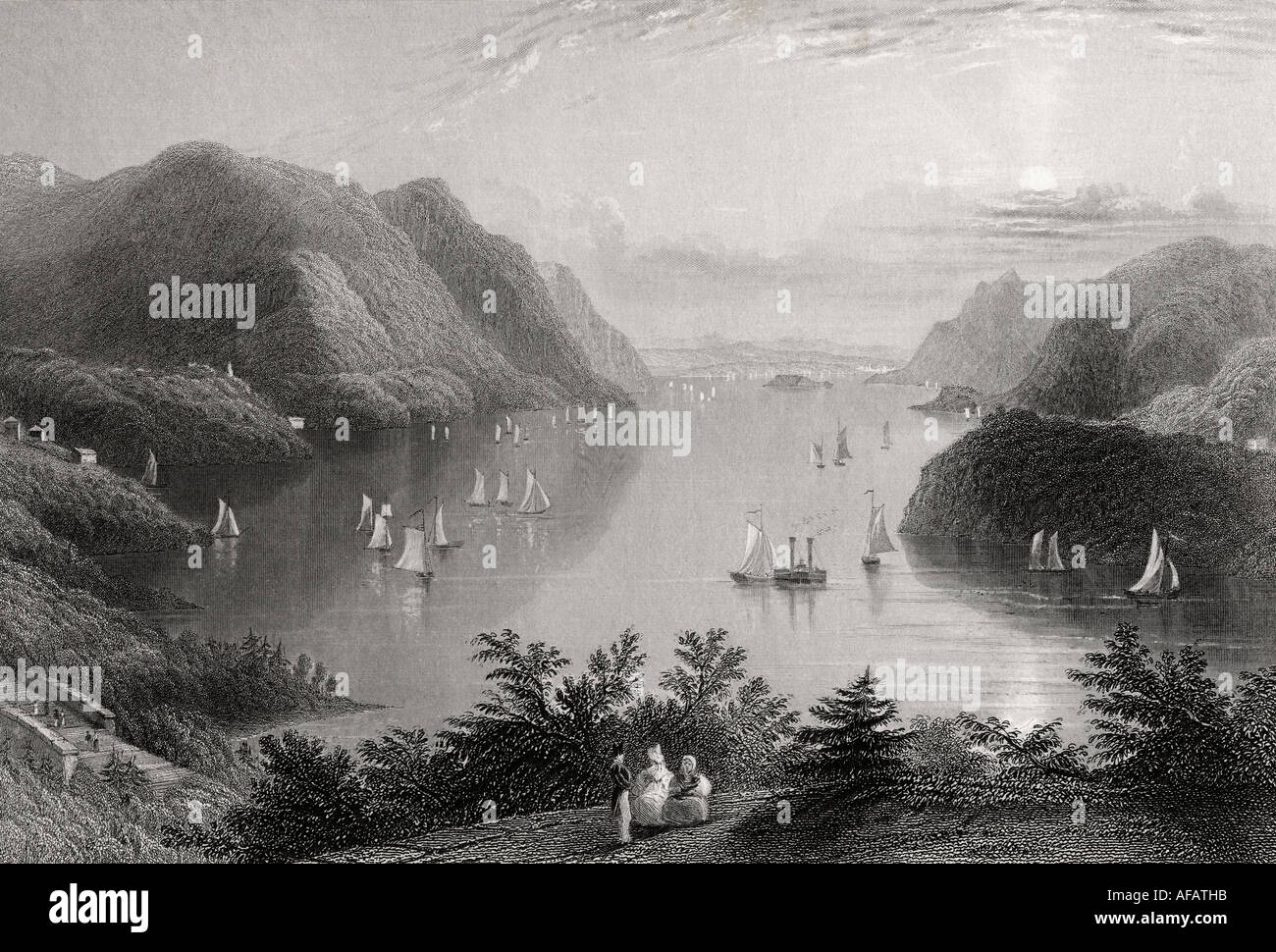 View from West Point, Hudson River, USA in the 19th century. Stock Photo