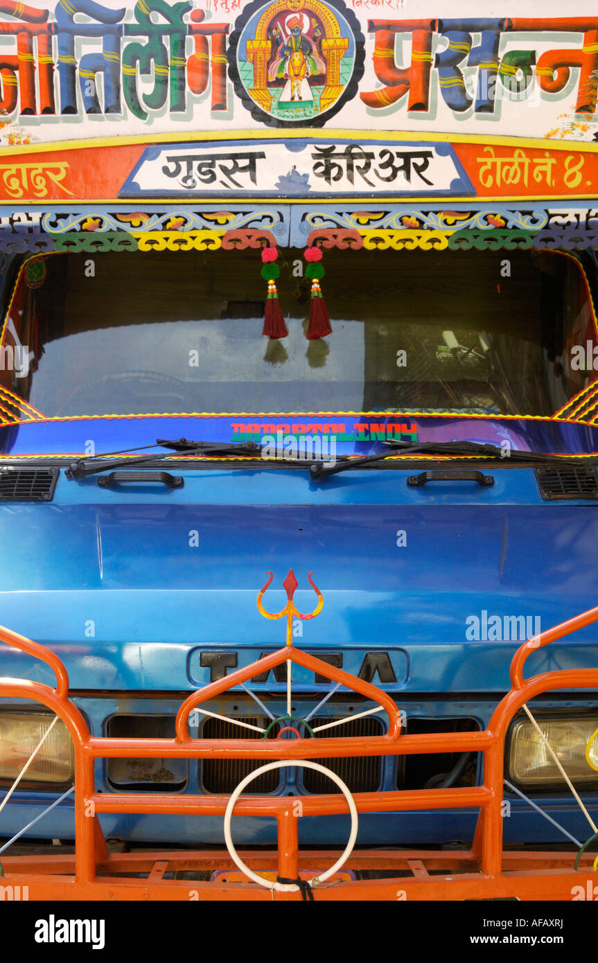 Front view of decorated colourful transport lorry India Stock Photo
