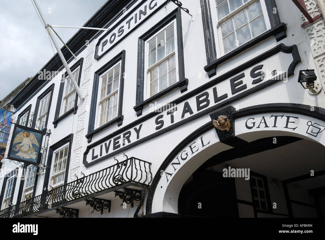 16th century The Angel Hotel and Gate, High Street, Guildford, Surrey, England, United Kingdom Stock Photo