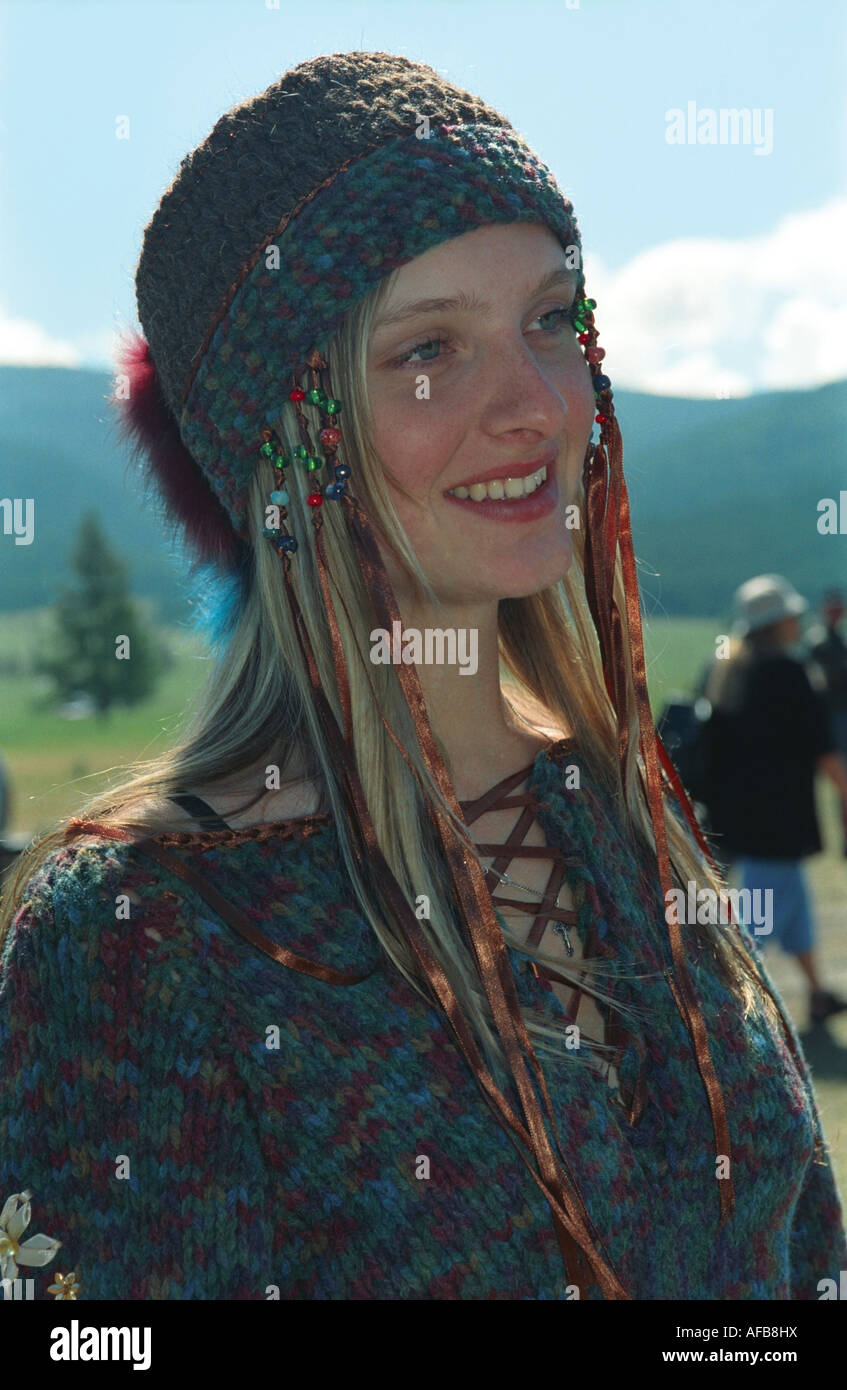 Portrait of young girl in Russian native raiment.   El-Oiyn - national festival of Altaic people. Russia Stock Photo