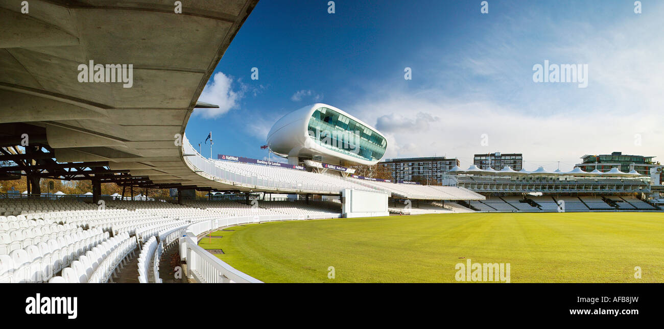 Panoramic view of Lords Cricket Ground. From Compton Stand looking towards Future Systems' Natwest Media Centre. Stock Photo