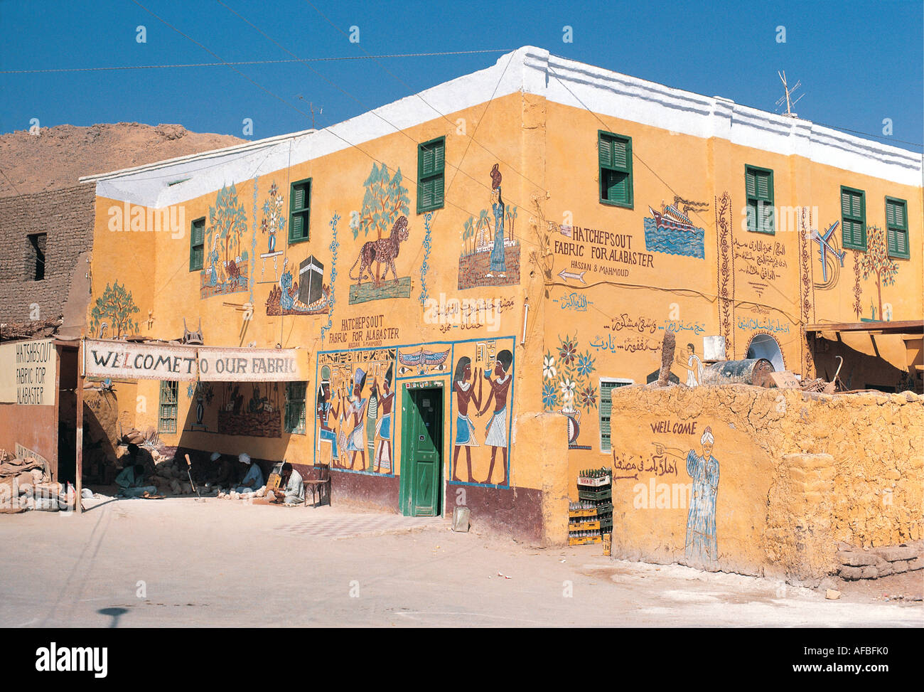 Yellow painted Alabaster Factory in village near the Valley of the Kings Egypt Stock Photo