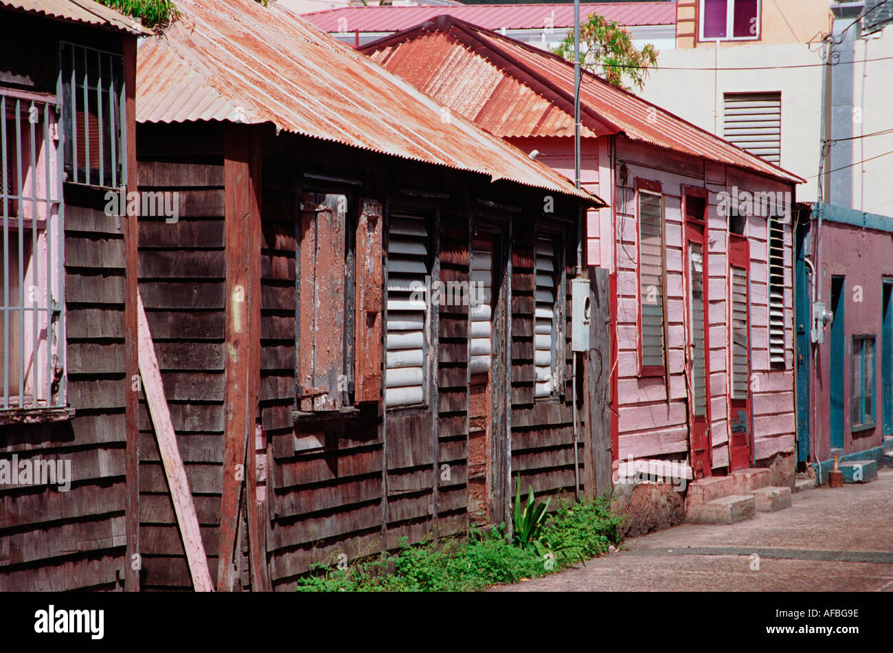 Typical colorful houses on a back street in Charlotte Amalie St Thomas