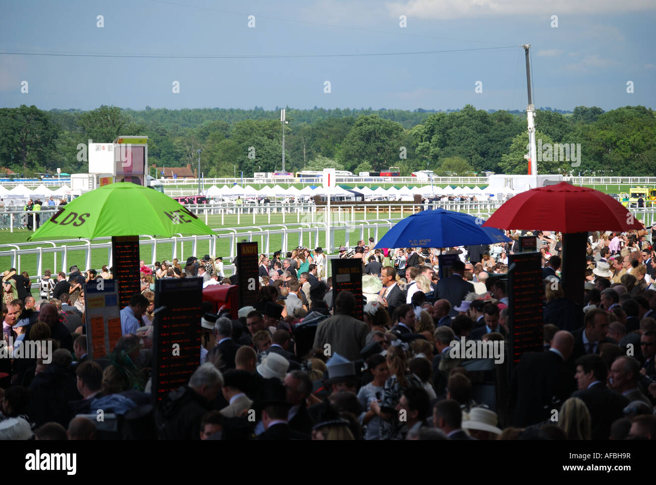 Grandstand showing bookmakers, Royal Ascot Meeting, Ascot Racecourse, Ascot, Berkshire, England, United Kingdom Stock Photo