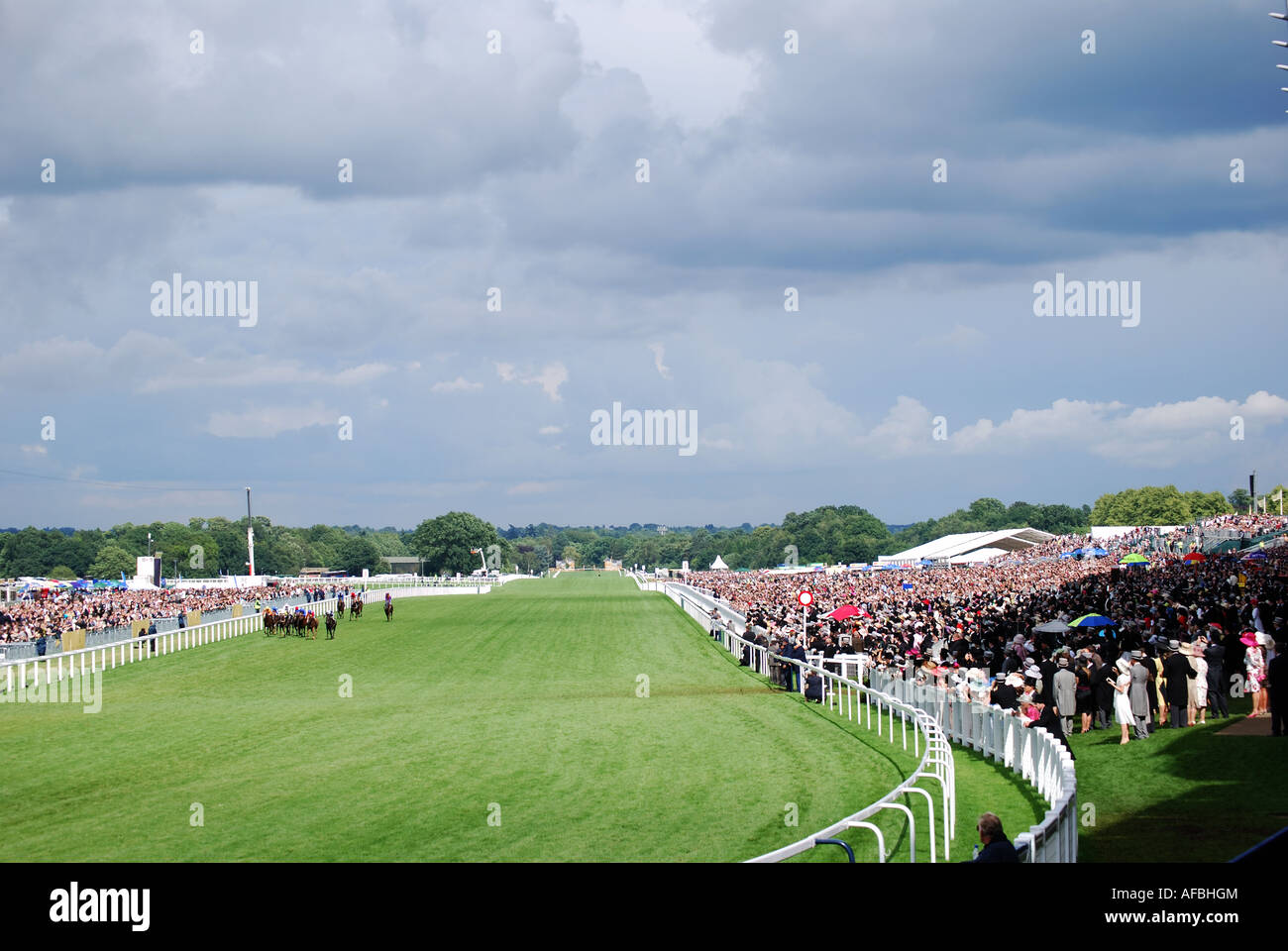 View down course, Royal Ascot Meeting, Ascot Racecourse, Ascot, Berkshire, England, United Kingdom Stock Photo