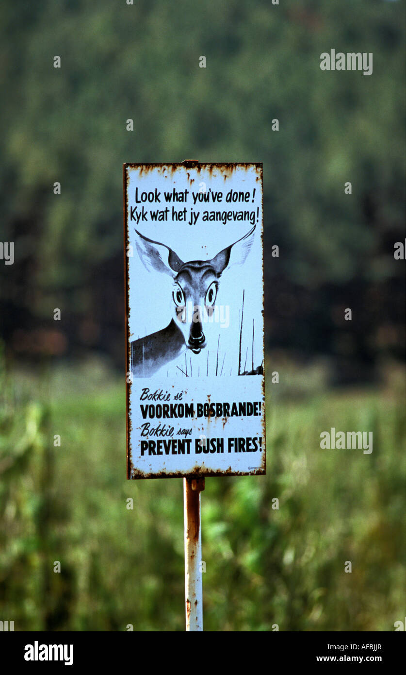 South Africa, Tsitsikamma Coastal National Park, Signboard in forest to prevent forest fires, Afrikaans: Vorkom Bosbrande Stock Photo