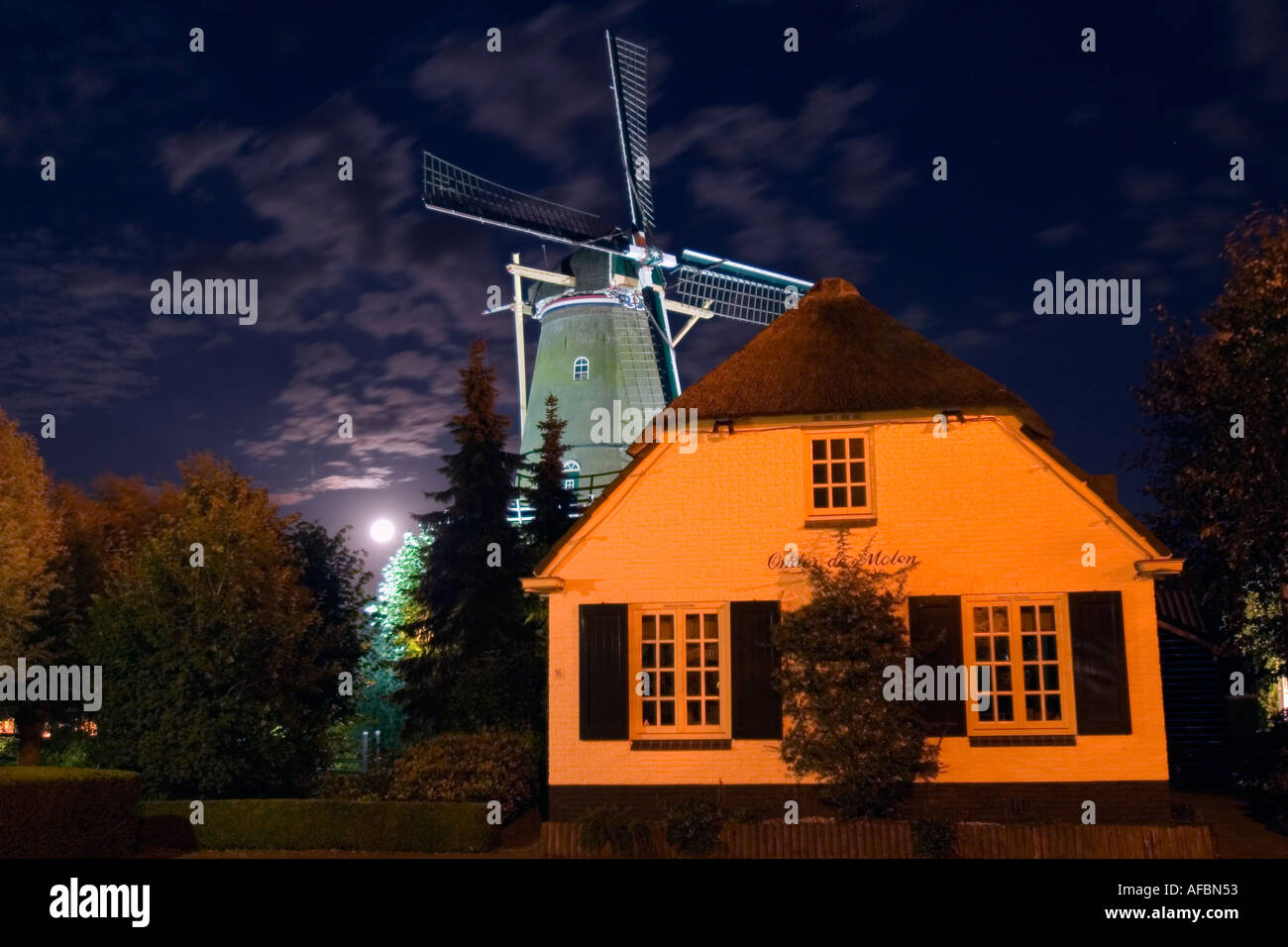 Den Arend Corn Mill in moonlight, Bergambacht Southern Holland, The Netherlands Stock Photo