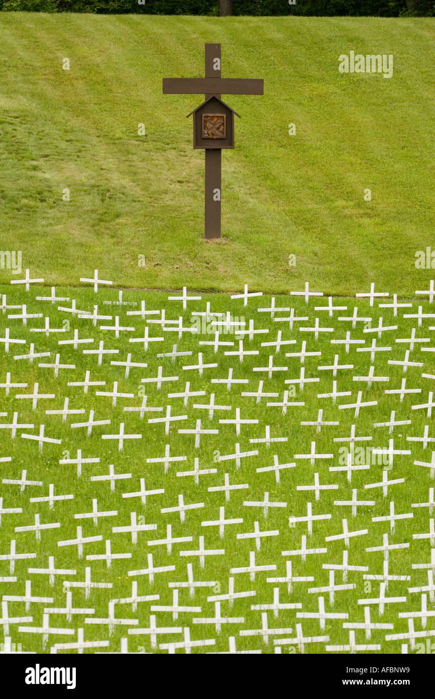 Crosses for dead soldiers at Blessed Kateri Tekakwitha Memorial Shrine in Mohawk River Valley Fonda New York Stock Photo