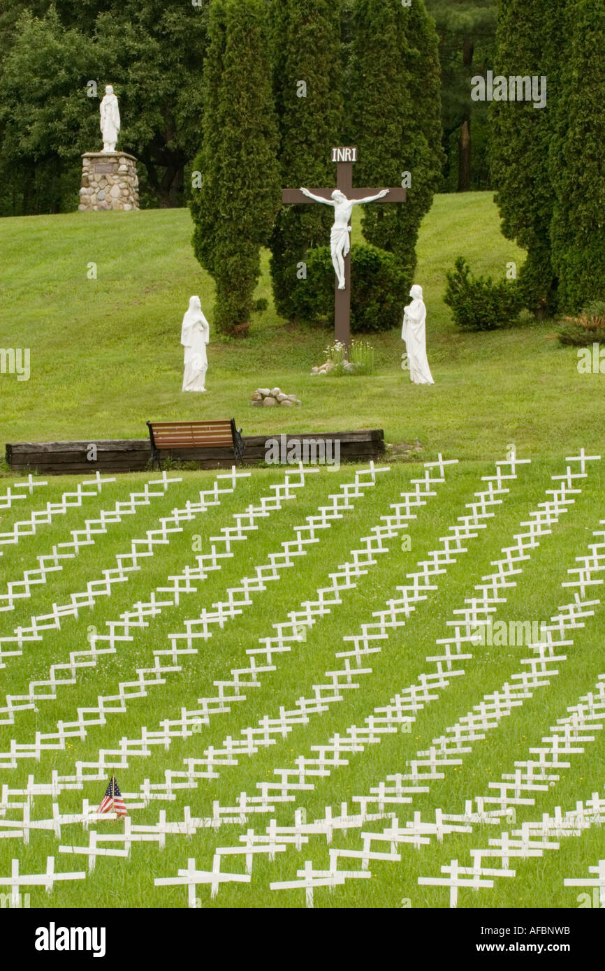 Crosses for dead soldiers at Blessed Kateri Tekakwitha Memorial Shrine in Mohawk River Valley Fonda New York Stock Photo