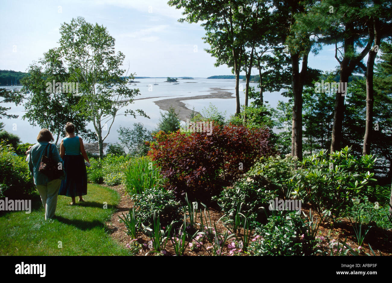 Maine,ME,New England,Down East,South Freeport private garden by Harraseeket River water ME016,visitors travel traveling tour tourist tourism landmark Stock Photo