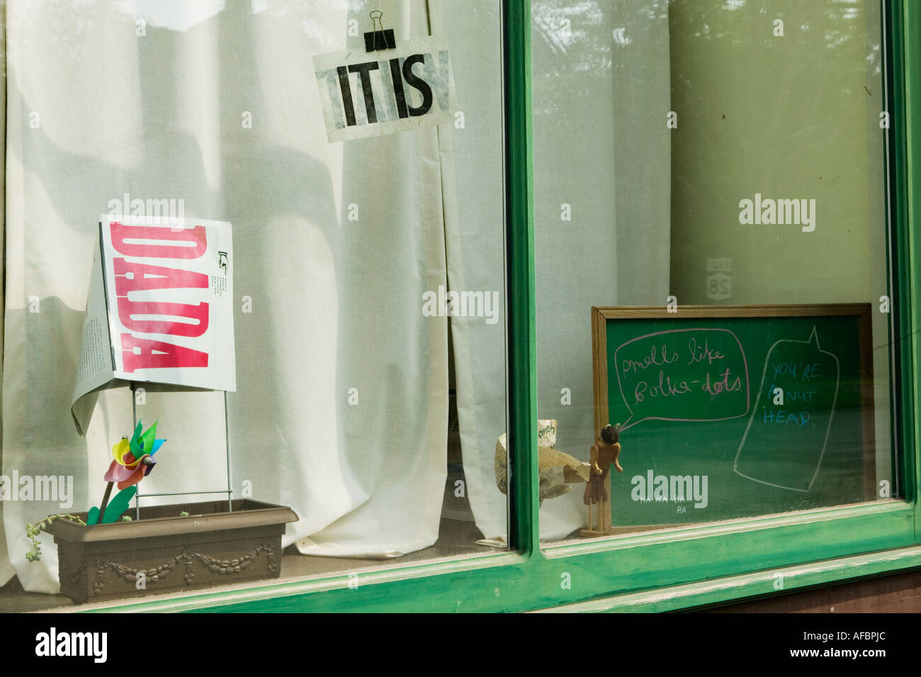 Window display Dada poetry bohemian town Andes New York State Catskills Stock Photo