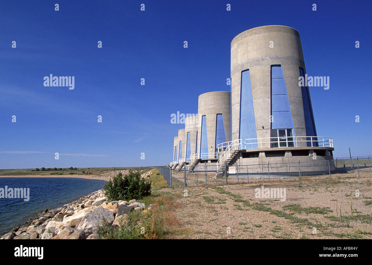 Hydroelectric turbines atop a large dam on Lake Diefenbaker near Douglas Provincial Park, Saskatchewan, Canada. Stock Photo