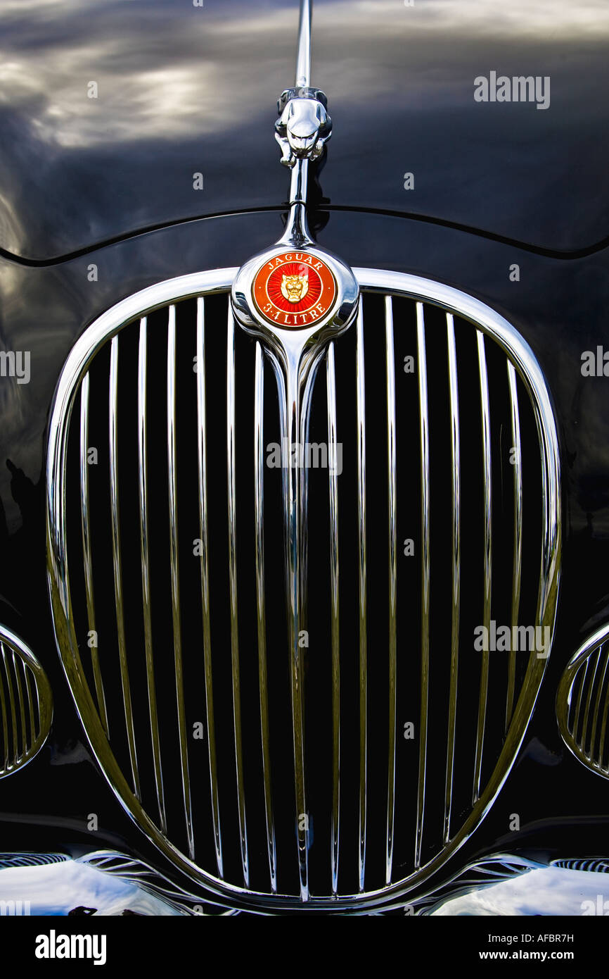 A close up of an immaculate black Jaguar XK150. Goodwood Revival West Sussex UK 2007 Stock Photo