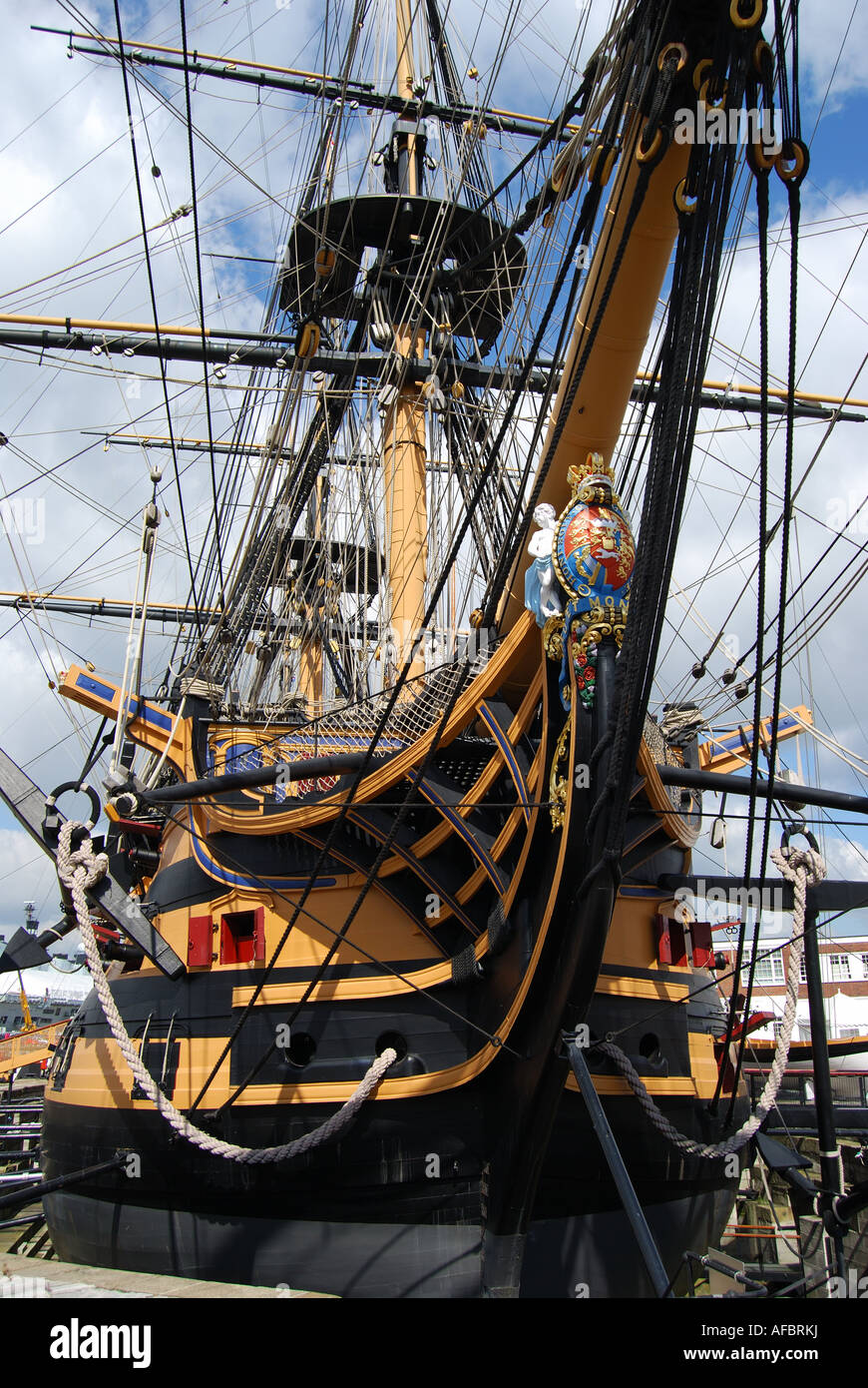 Bow and figurehead, Nelson's famous flagship, HMS Victory, Historic Dockyard, Portsmouth, Hampshire, England, United Kingdom Stock Photo