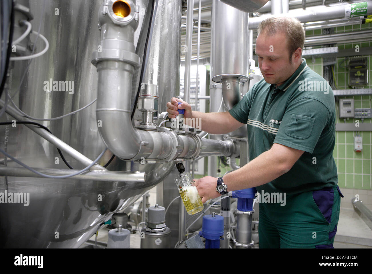 Brauerei C A Veltins GmbH und Co The brewer and maltster Mike Brill in the filter cellar in the brewhouse Stock Photo