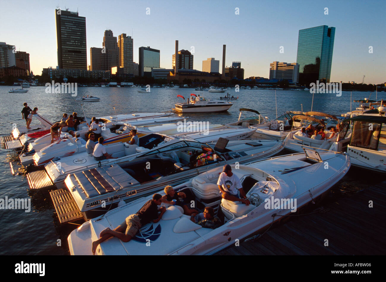 Toledo Ohio Maumee River boats at The Docks Eastside city skyline Stock