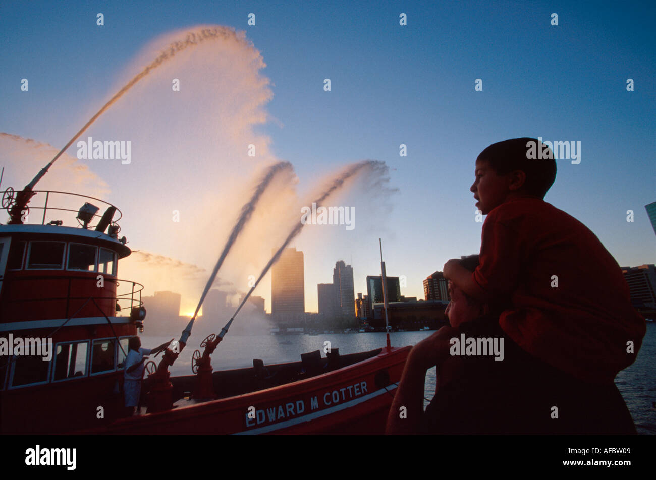 Toledo Ohio,Maumee River water Eastside The Docks tugboat water spray
