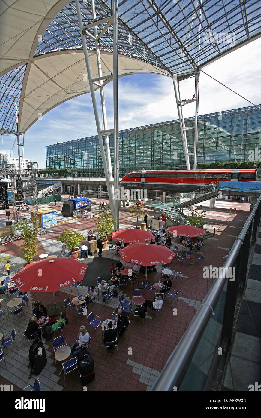 Illustration Airport Terminal 2: Cafe at Munich Airport building with futuristic architecture Stock Photo