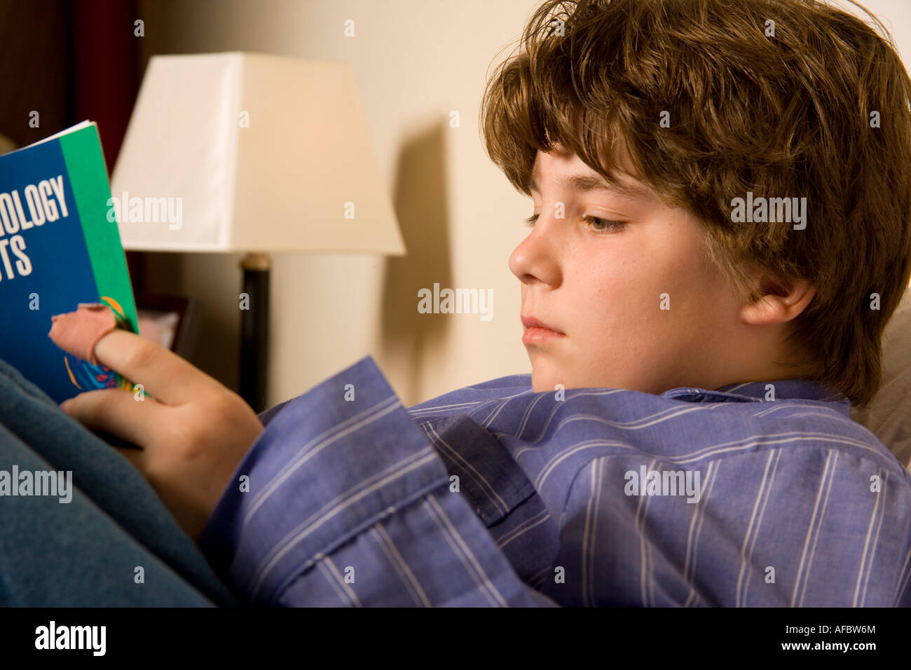 Child relaxes at home as he reads a good book. Stock Photo