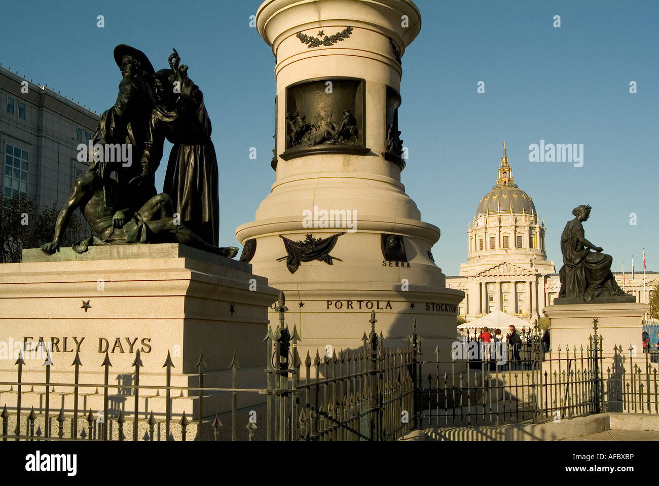 The Pioneers Monument (1894) and City Hall (1913-1915). Civic Center of