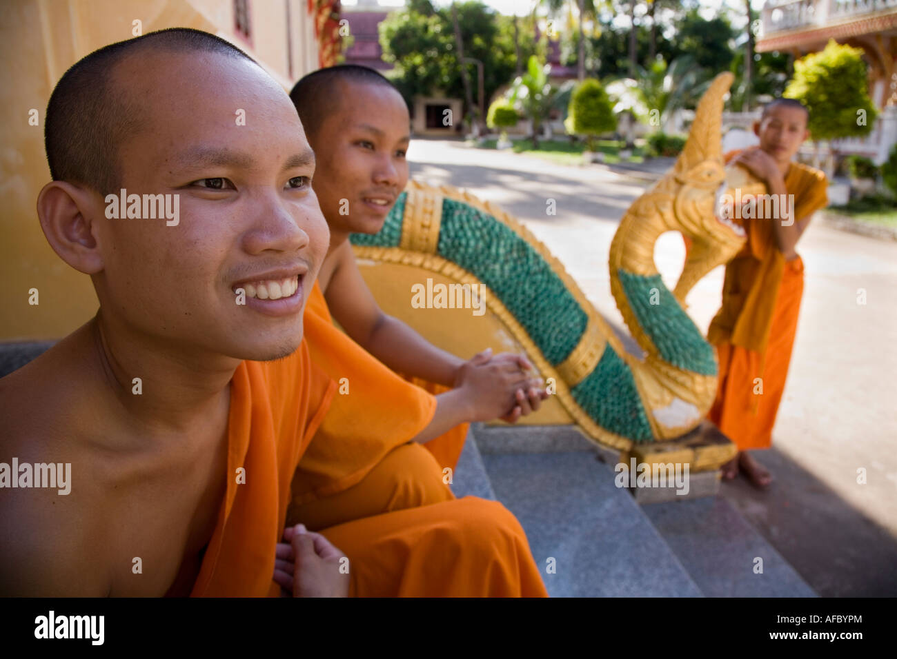 Novice monks at Wat Ong Teu Mahawihan, Vientiane, Laos Stock Photo