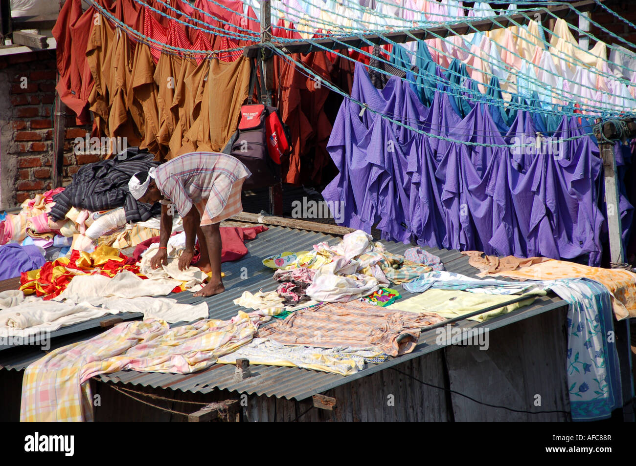 Washed clothes hung out to dry at Dhobi Ghat in Mumbai, India Stock Photo