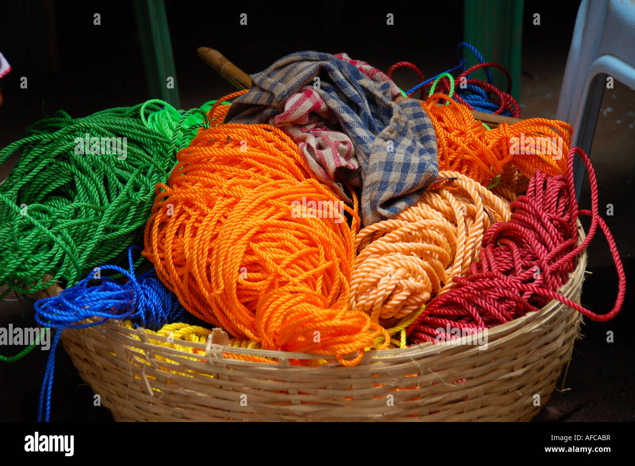Basket of rope for sale at a stall in Panaji Market, Goa Stock Photo ...