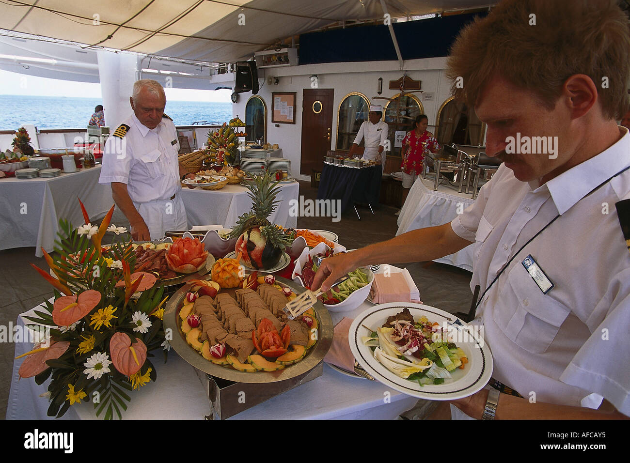 Lunch Buffet on board the sailing ship Star Clipper, Caribbean Stock