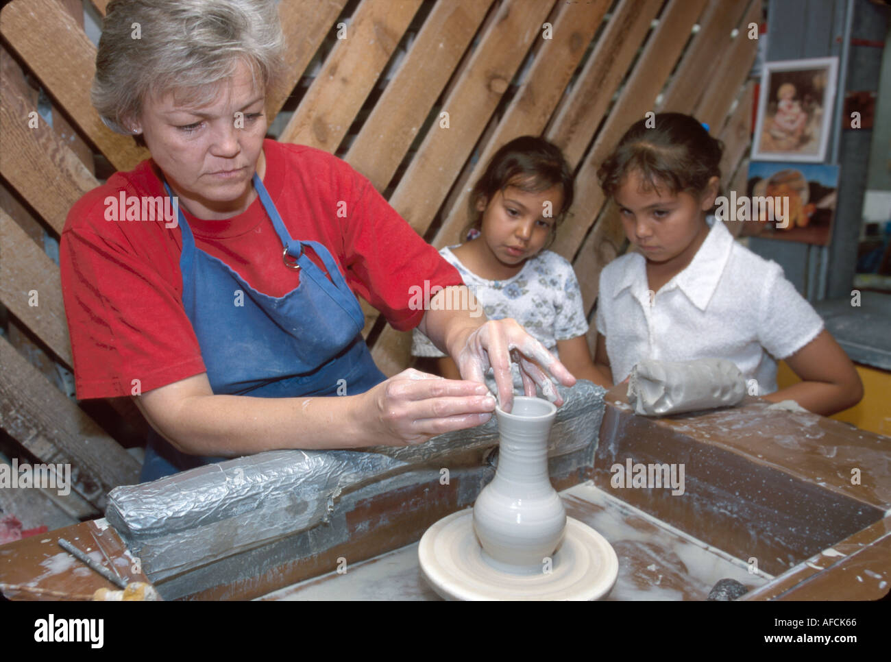 Southern appalachian potter demonstrates visiting sisters pigeon