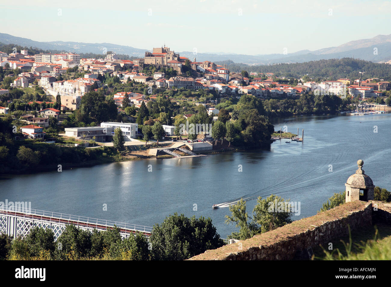 A view across the river Minho from Valenca do Minho in Portugal, to the city of Tui in Spain Stock Photo