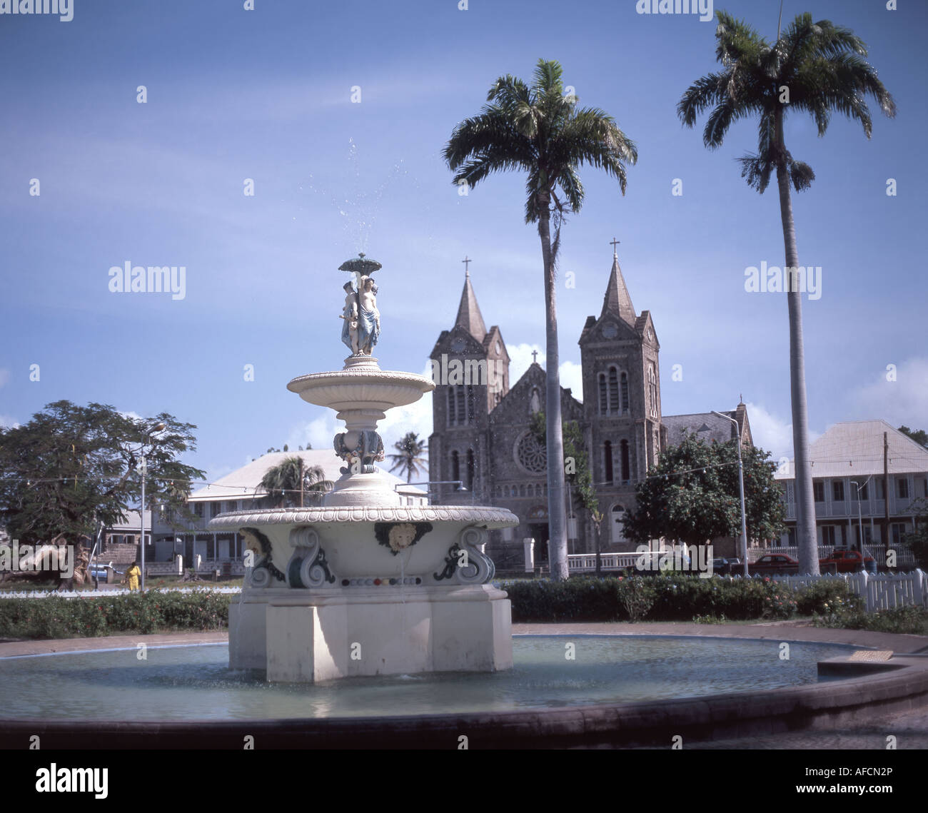 Immaculate Conception Cathedral and fountain, Independence Square, Basseterre, St.kitts & Nevis, Lesser Antilles, Caribbean Stock Photo