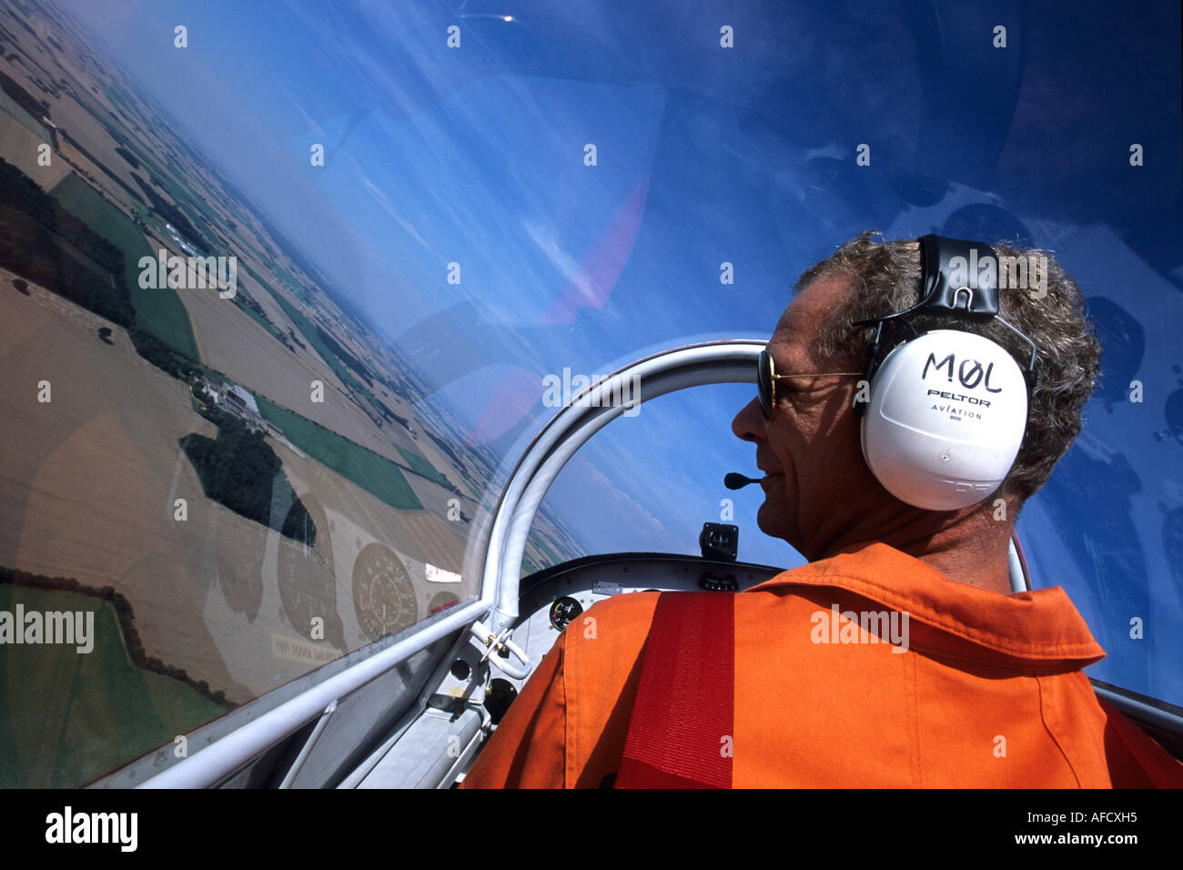 Pilot in Experimental Aircraft, Aerial Photo over Lolland, Denmark Stock Photo