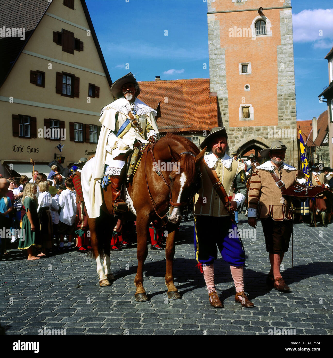 'geography / travel, Germany, Bavaria, tradition / folklore, 'Kinderzeche', Dinkelsbühl, swedish captain on horse, Thirty Year Stock Photo