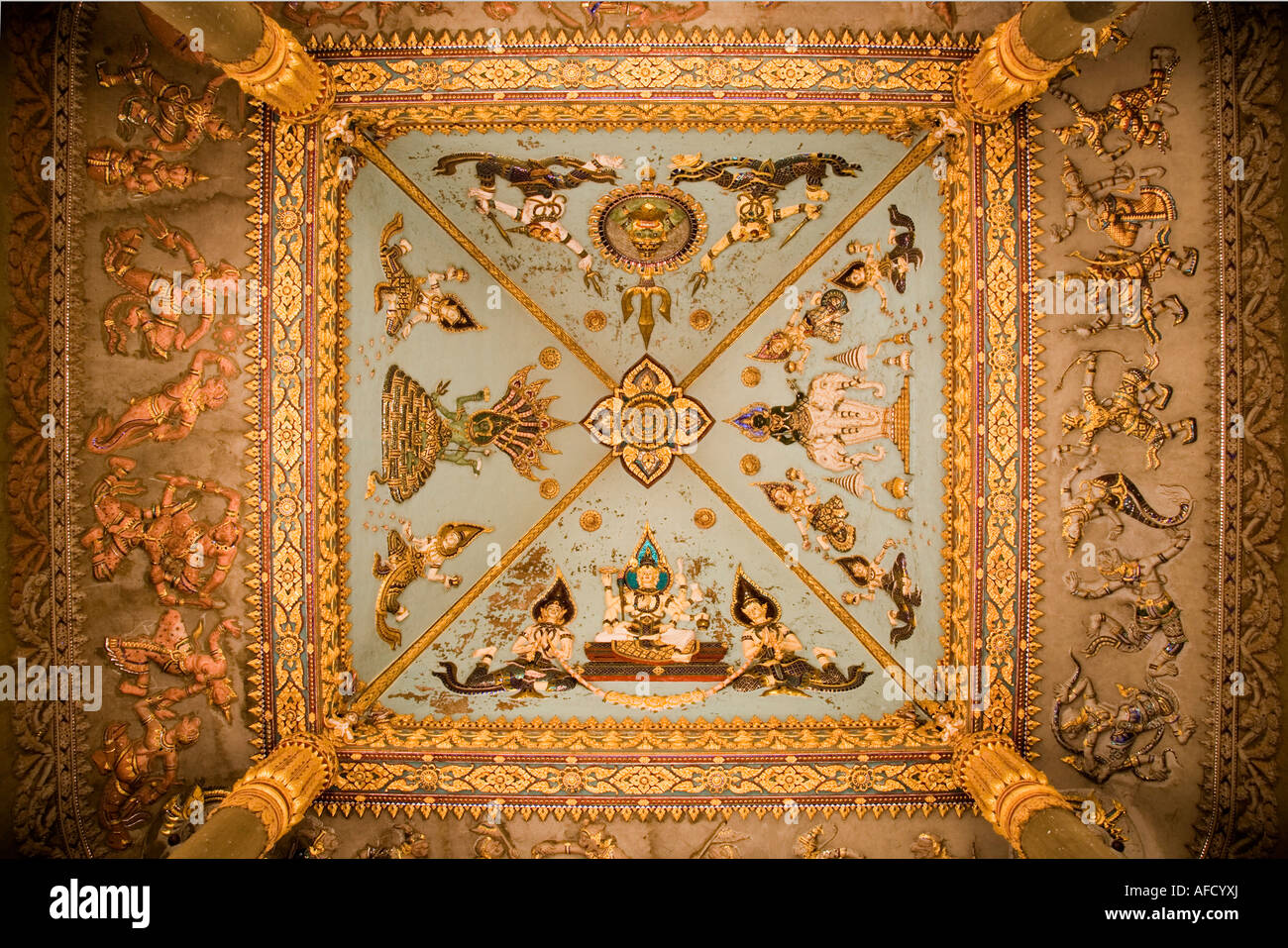 Ceiling decoration of the Patuxai monument Vientiane seen from the ground, Laos. Stock Photo