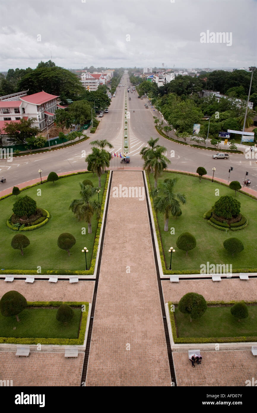 View of the Thanon Lan Xang from the Patuxai monument Vientiane, Laos. Stock Photo